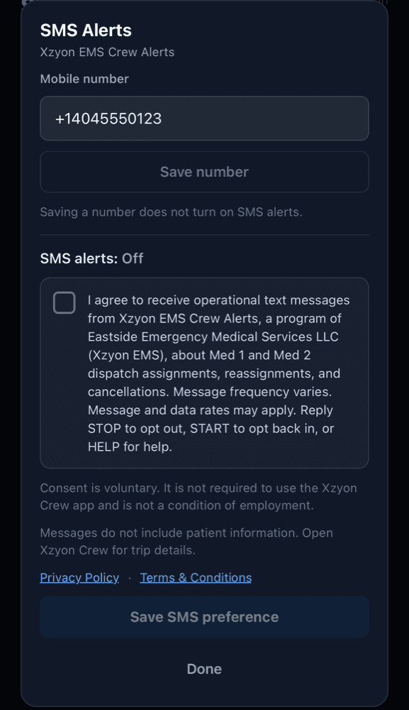 Xzyon EMS Crew Alerts SMS screen showing a mobile number field, status SMS alerts: Off, an unchecked consent checkbox with the full consent language, and Privacy Policy and Terms & Conditions links