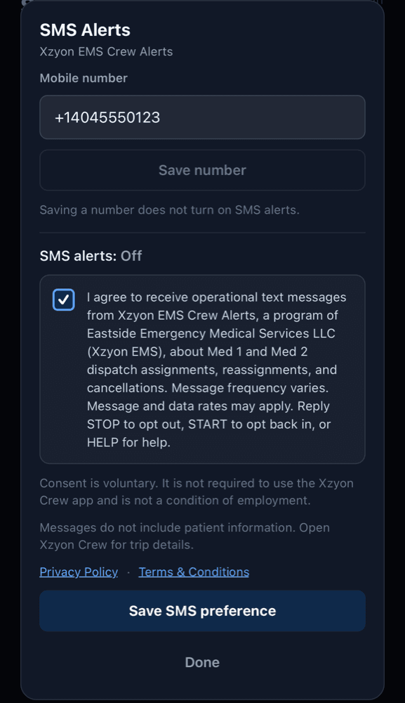 The same SMS screen with the consent checkbox checked and the Save SMS preference button now enabled