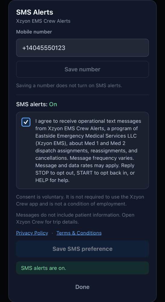 The SMS screen after saving, showing SMS alerts: On, the checked consent box, and the confirmation message SMS alerts are on.