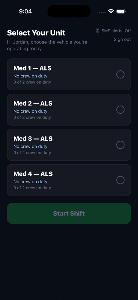 Xzyon Crew unit-selection screen with an SMS alerts link at the top right reading SMS alerts: Off