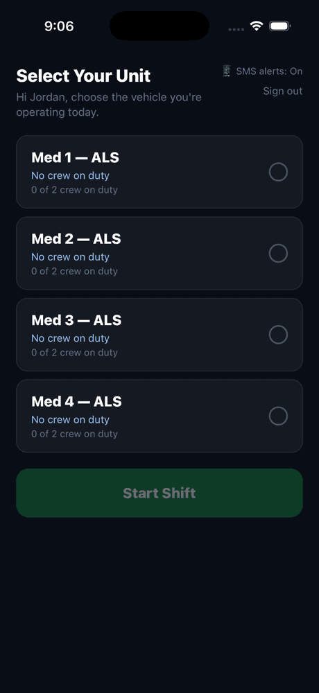 Xzyon Crew unit-selection screen with the SMS alerts link now reading SMS alerts: On
