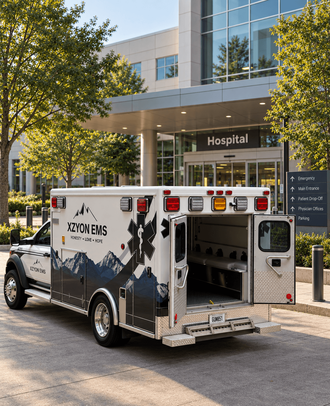 Xzyon EMS ambulance parked outside a modern hospital entrance for non-emergency medical transportation in Atlanta, Georgia.