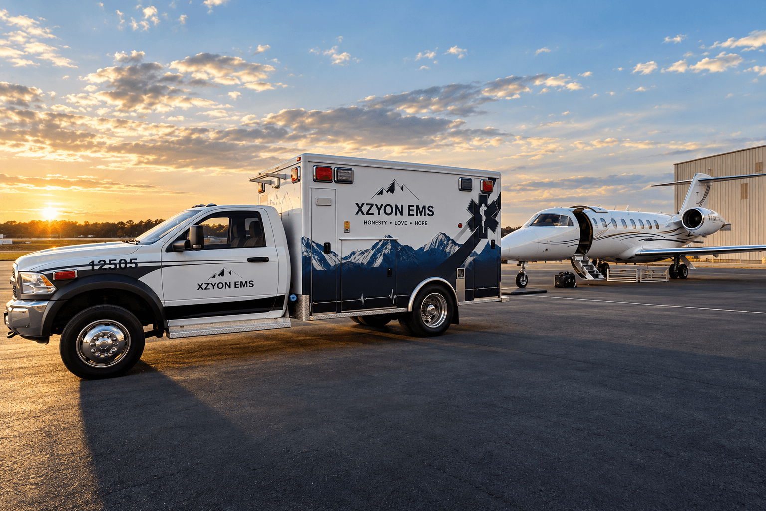 Xzyon EMS medical transport ambulance beside a private jet, providing ground medical transportation and healthcare logistics in Atlanta, Georgia.